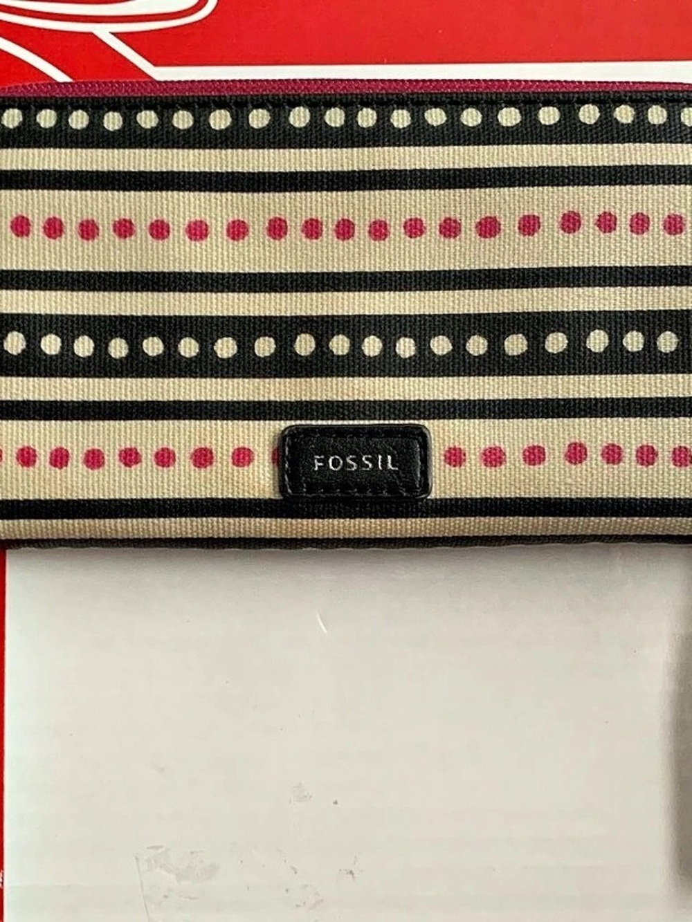 Fossil Key-Per Stripe Dot Zip Around Clutch Wristlet Wallet Black & Pink